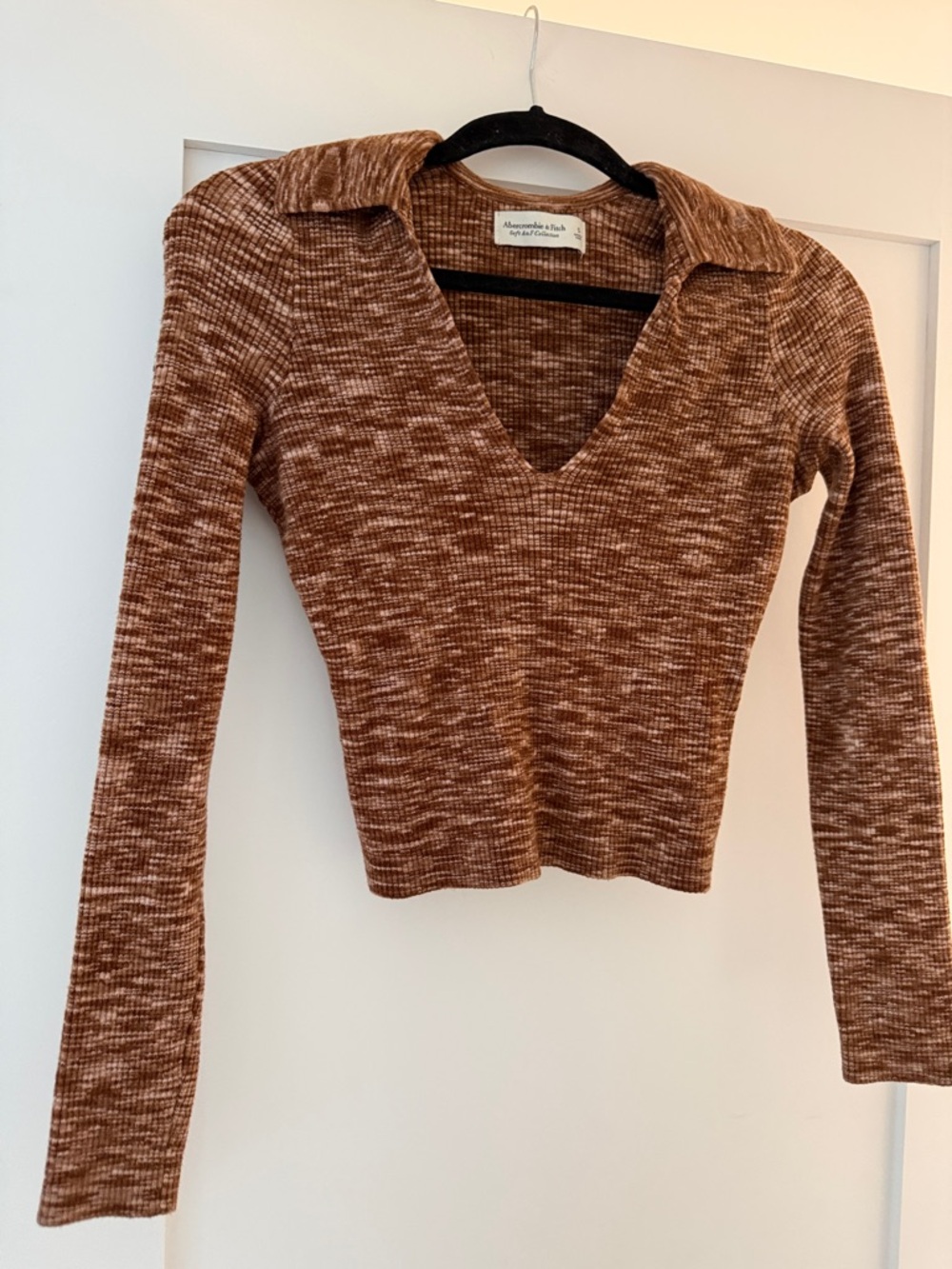 Abercrombie & Fitch Brown Marled Ribbed V-Neck Long Sleeve Top